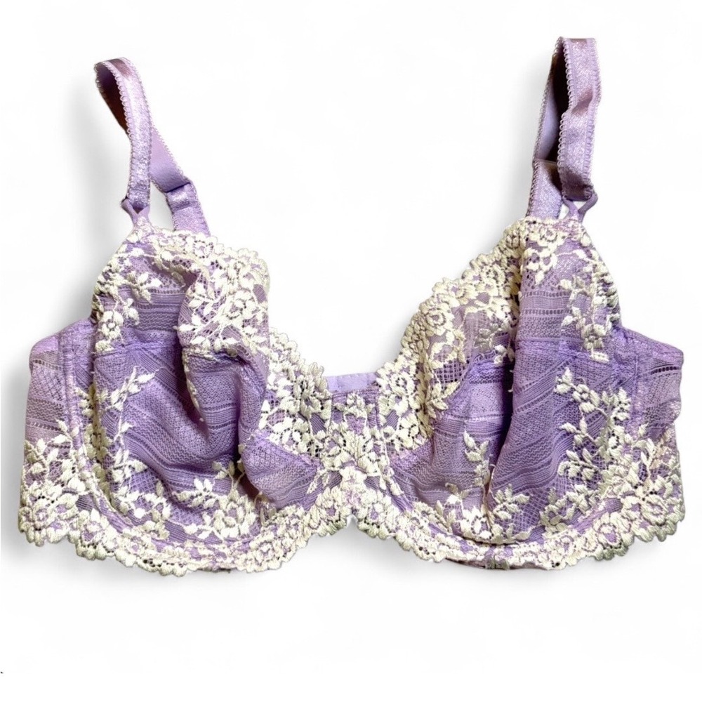 Wacoal Embrace Lace Bra Womens 36D Purple White Floral Underwire Lingerie 65191